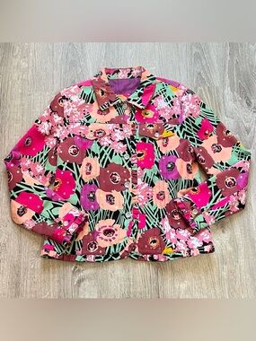 Vintage Redd Jeans Size 8 Medium Pink Purple Black Floral Cotton Blazer Jacket